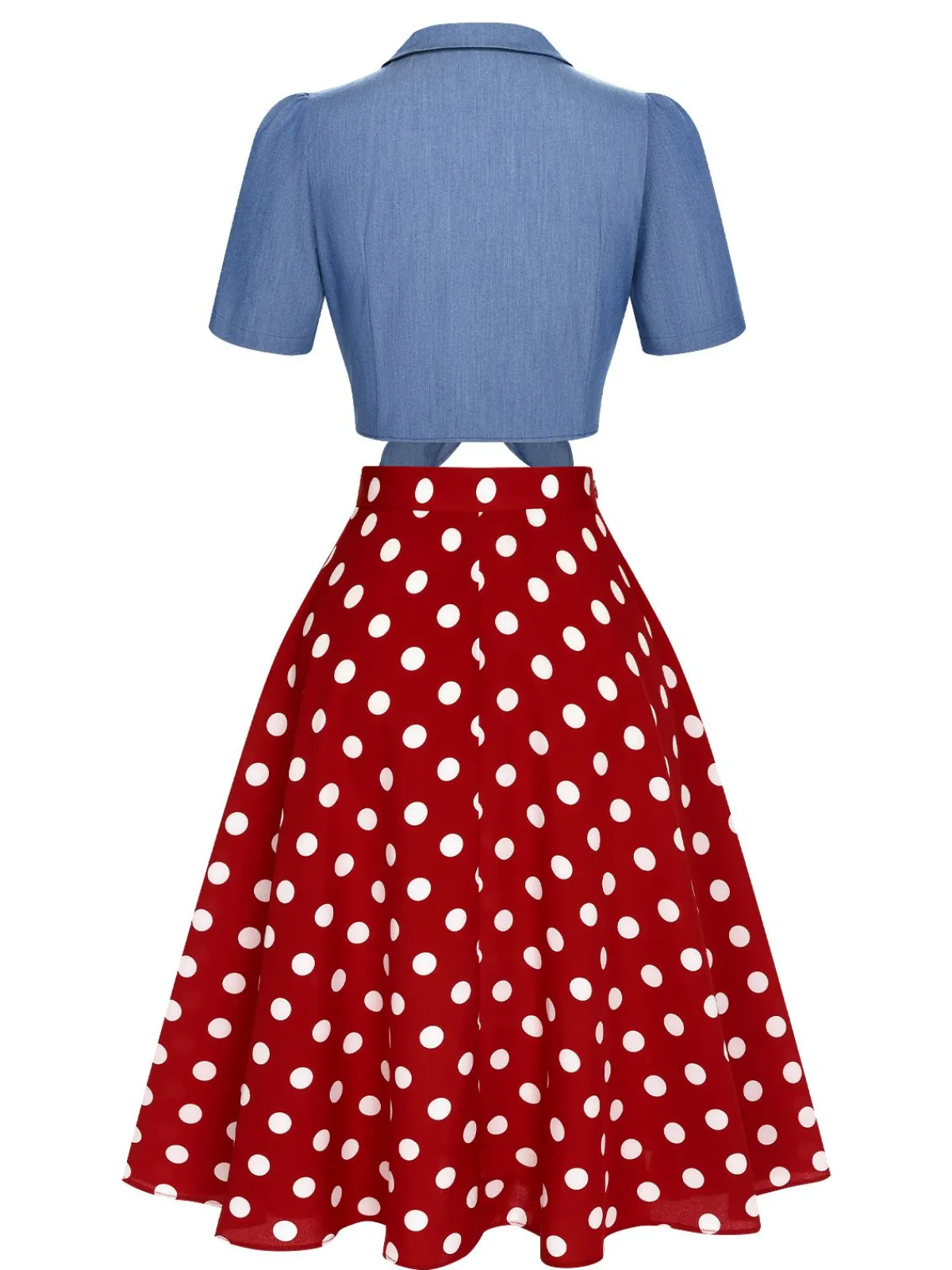 New Retro Stage 2PCS 1950s Solid Blouse & Polka Dot Skirt Red & Blue