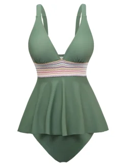 Fashion Retro Stage 2PCS 1940s Solid Boho Ruffled Skirt Swimsuit