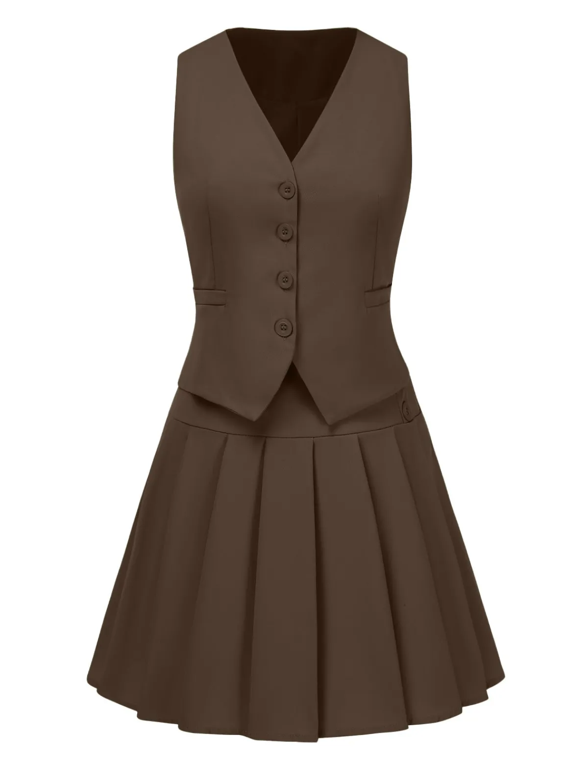Discount Retro Stage 2PCS 1960s Solid Buttons Vest & Pleated Skirt