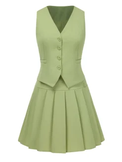 Discount Retro Stage 2PCS 1960s Solid Buttons Vest & Pleated Skirt