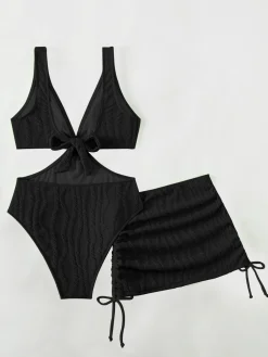 Online Retro Stage 2PCS 1960s Solid Cut-Out Swimsuit & Skirt