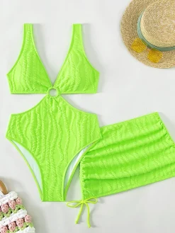 Online Retro Stage 2PCS 1960s Solid Cut-Out Swimsuit & Skirt