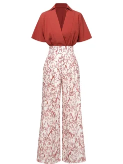 Hot Retro Stage 2PCS 1930s Solid Dolman Blouse & Floral Pants