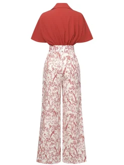 Hot Retro Stage 2PCS 1930s Solid Dolman Blouse & Floral Pants