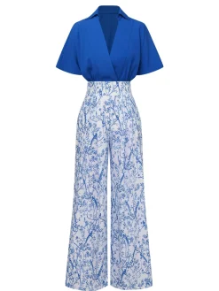 Hot Retro Stage 2PCS 1930s Solid Dolman Blouse & Floral Pants