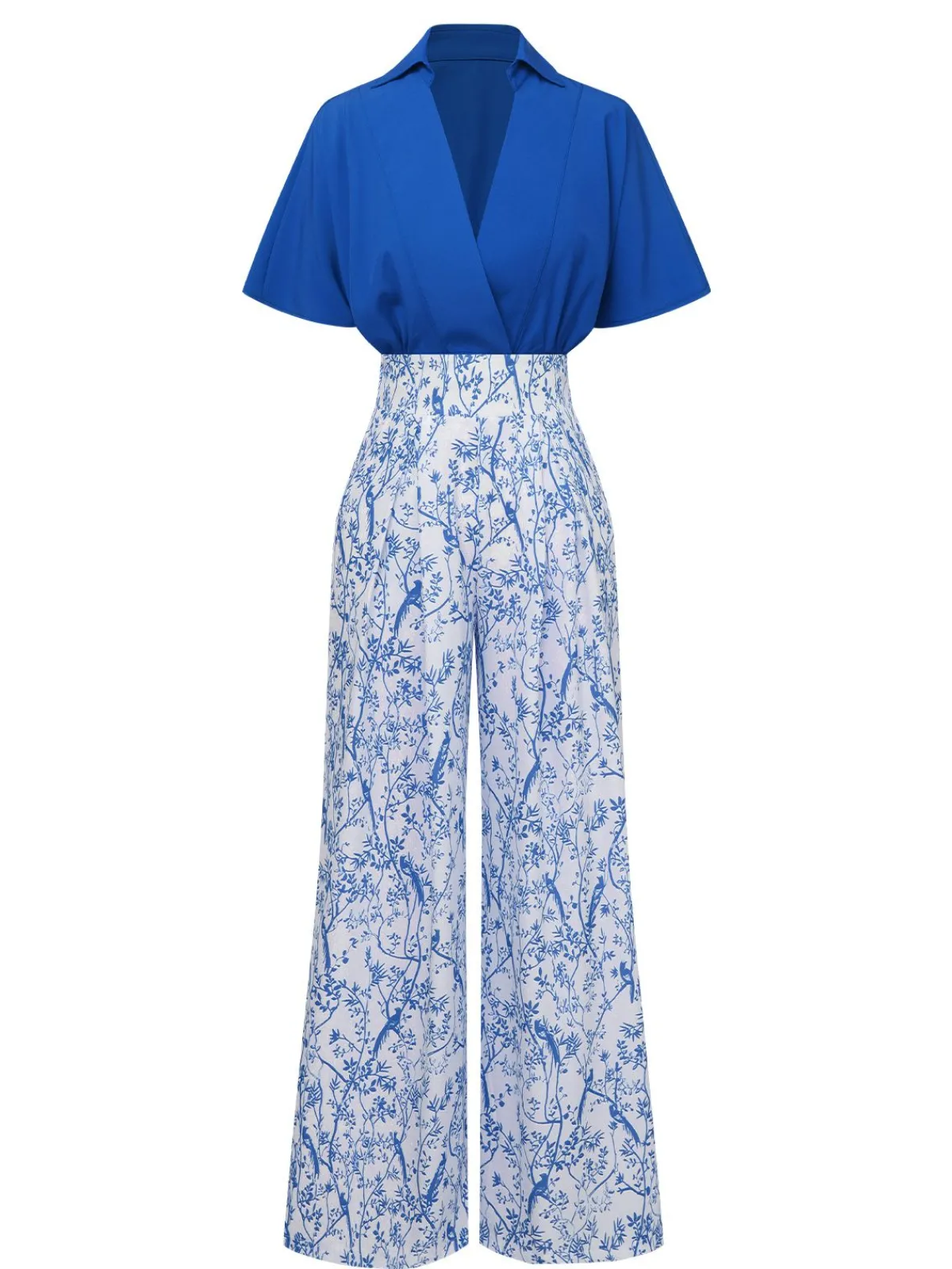 Hot Retro Stage 2PCS 1930s Solid Dolman Blouse & Floral Pants