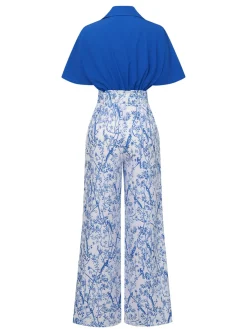 Hot Retro Stage 2PCS 1930s Solid Dolman Blouse & Floral Pants