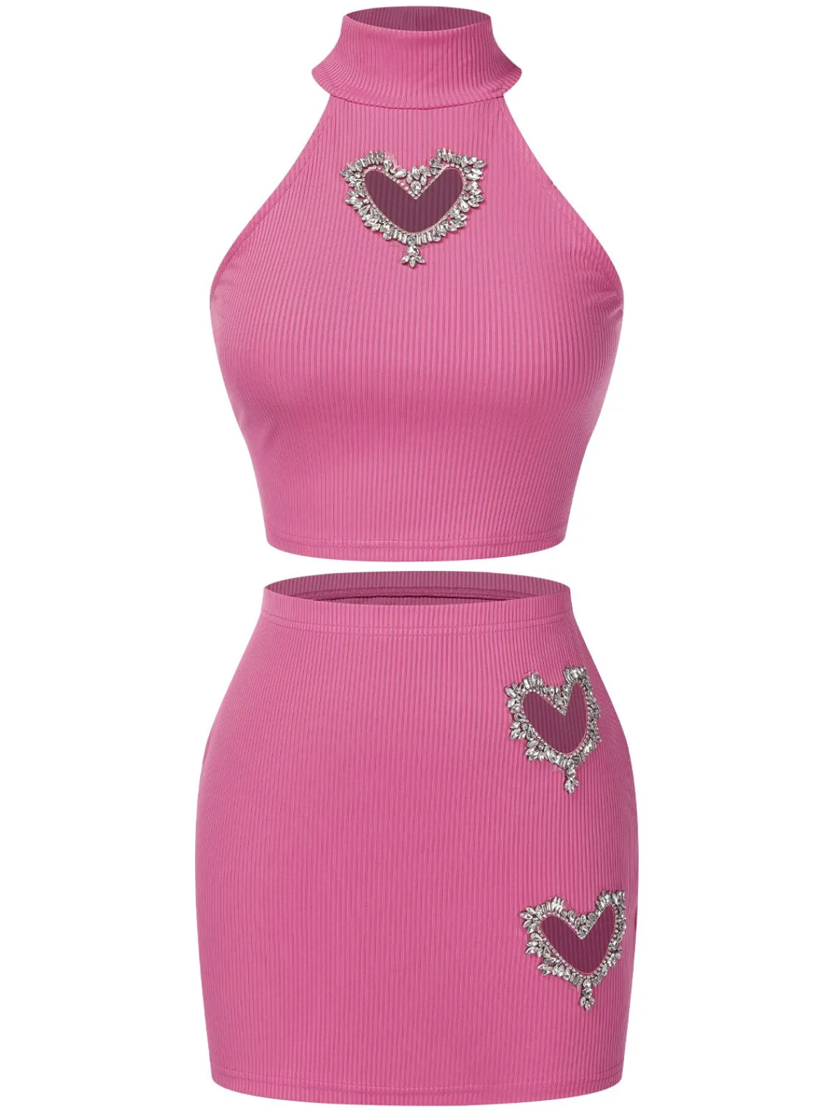 Sale Retro Stage 2PCS 1960s Solid Knitted Heart Hollow Top & Skirt