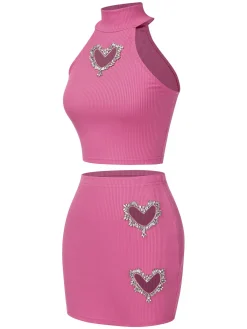 Sale Retro Stage 2PCS 1960s Solid Knitted Heart Hollow Top & Skirt