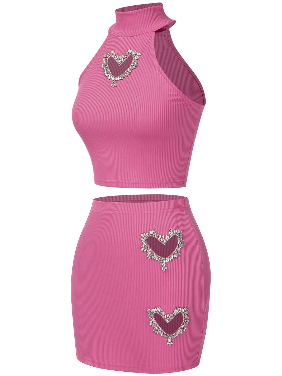 Sale Retro Stage 2PCS 1960s Solid Knitted Heart Hollow Top & Skirt