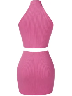 Sale Retro Stage 2PCS 1960s Solid Knitted Heart Hollow Top & Skirt
