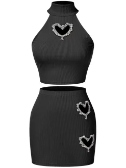 Sale Retro Stage 2PCS 1960s Solid Knitted Heart Hollow Top & Skirt