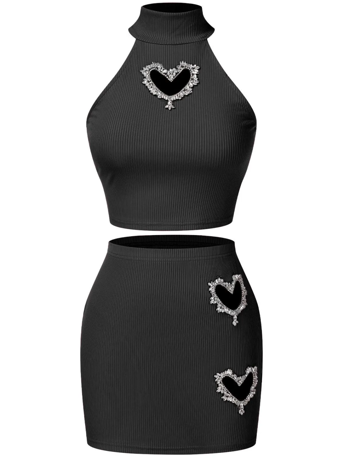 Sale Retro Stage 2PCS 1960s Solid Knitted Heart Hollow Top & Skirt