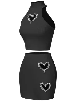 Sale Retro Stage 2PCS 1960s Solid Knitted Heart Hollow Top & Skirt