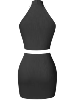 Sale Retro Stage 2PCS 1960s Solid Knitted Heart Hollow Top & Skirt