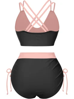 New Retro Stage 2PCS 1950s Solid Knot Patchwork Bikini Set