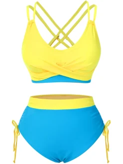New Retro Stage 2PCS 1950s Solid Knot Patchwork Bikini Set