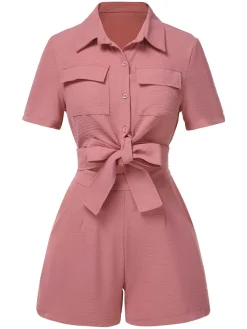 Clearance Retro Stage 2PCS 1940s Solid Lace-Up Top & High-Waist Shorts Pink