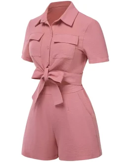 Clearance Retro Stage 2PCS 1940s Solid Lace-Up Top & High-Waist Shorts Pink