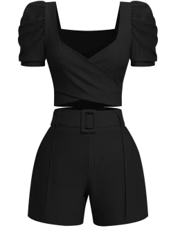 New Retro Stage 2PCS 1950s Solid Puff Sleeved Top & Shorts With Belt