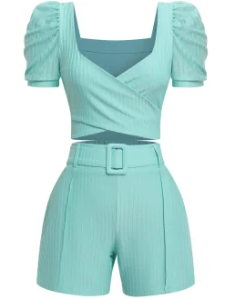 New Retro Stage 2PCS 1950s Solid Puff Sleeved Top & Shorts With Belt