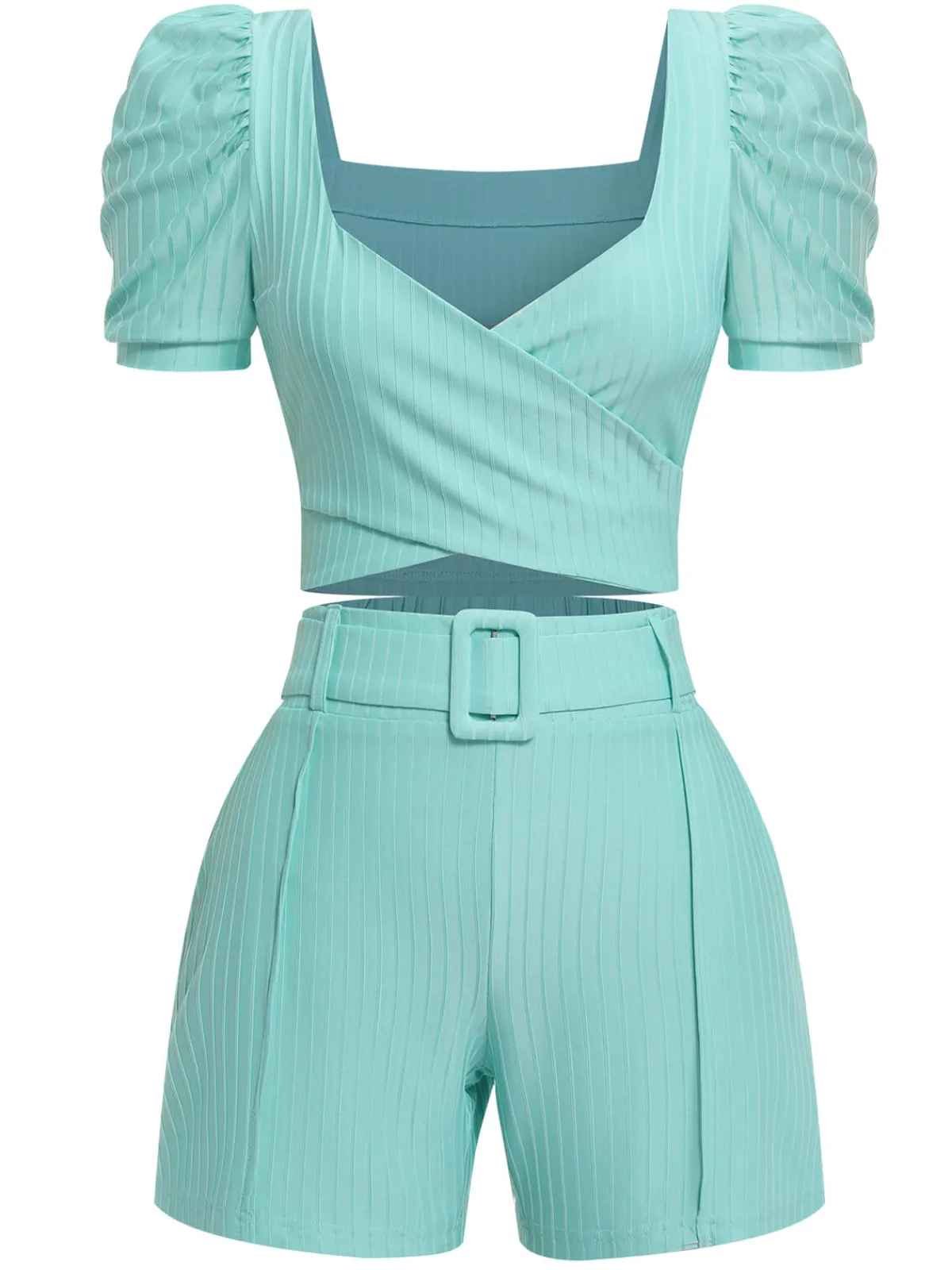 New Retro Stage 2PCS 1950s Solid Puff Sleeved Top & Shorts With Belt