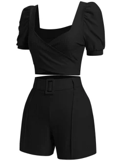 New Retro Stage 2PCS 1950s Solid Puff Sleeved Top & Shorts With Belt