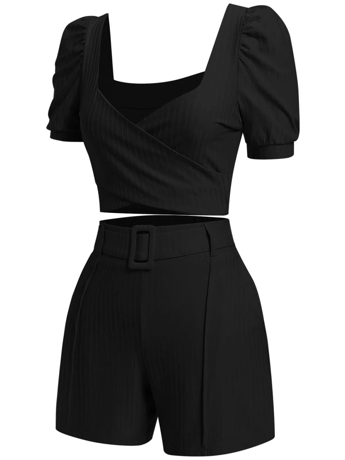 New Retro Stage 2PCS 1950s Solid Puff Sleeved Top & Shorts With Belt