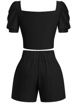 New Retro Stage 2PCS 1950s Solid Puff Sleeved Top & Shorts With Belt