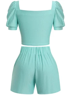 New Retro Stage 2PCS 1950s Solid Puff Sleeved Top & Shorts With Belt