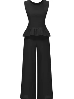 New Retro Stage 2PCS 1940s Solid Ruffle Tank Top & Straight Pants