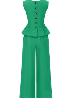 New Retro Stage 2PCS 1940s Solid Ruffle Tank Top & Straight Pants