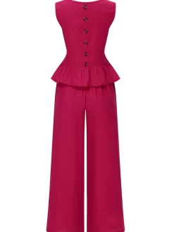 New Retro Stage 2PCS 1940s Solid Ruffle Tank Top & Straight Pants