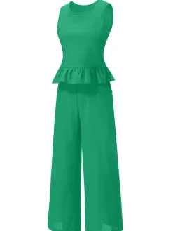 New Retro Stage 2PCS 1940s Solid Ruffle Tank Top & Straight Pants