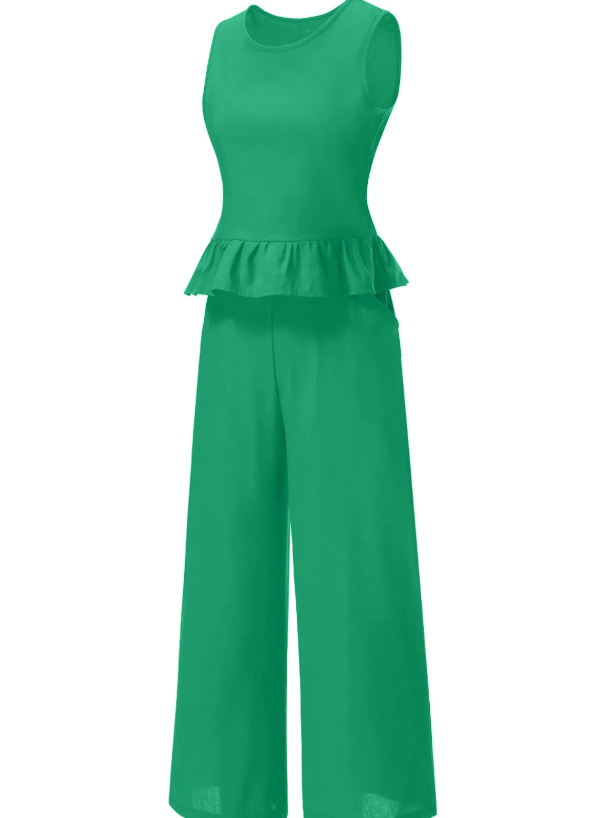 New Retro Stage 2PCS 1940s Solid Ruffle Tank Top & Straight Pants