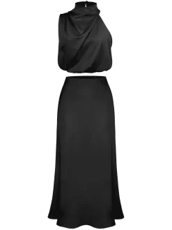 Discount Retro Stage 2PCS 1930s Solid Satin Mock Collar Top & Fishtail Skirt