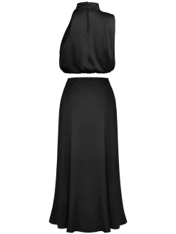 Discount Retro Stage 2PCS 1930s Solid Satin Mock Collar Top & Fishtail Skirt