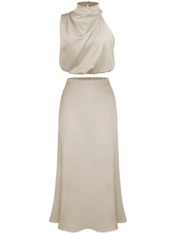 Discount Retro Stage 2PCS 1930s Solid Satin Mock Collar Top & Fishtail Skirt