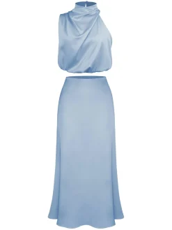 Discount Retro Stage 2PCS 1930s Solid Satin Mock Collar Top & Fishtail Skirt