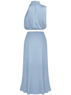 Discount Retro Stage 2PCS 1930s Solid Satin Mock Collar Top & Fishtail Skirt