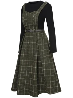 Outlet Retro Stage 2PCS 1950s Solid Top & Plaids Belted Pinafore Dress Dark Green