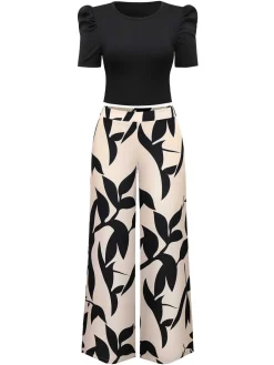 Hot Retro Stage 2PCS 1970s Solid Top& Leaf Print Pants Black