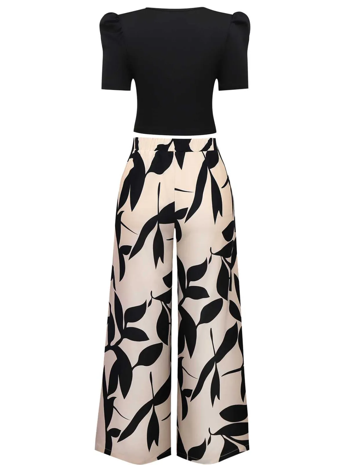 Hot Retro Stage 2PCS 1970s Solid Top& Leaf Print Pants Black