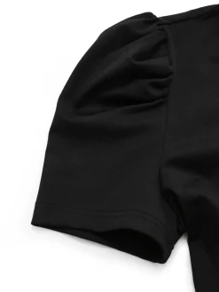 Hot Retro Stage 2PCS 1970s Solid Top& Leaf Print Pants Black