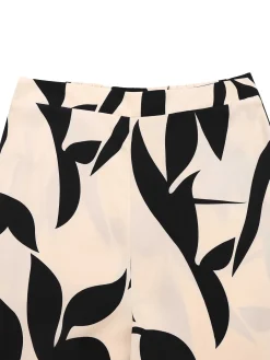 Hot Retro Stage 2PCS 1970s Solid Top& Leaf Print Pants Black