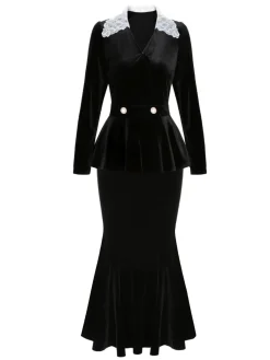 Fashion Retro Stage 2PCS 1930s Solid Velvet Top & Mermaid Skirt Black