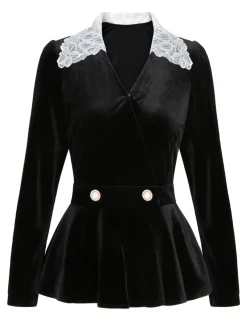 Fashion Retro Stage 2PCS 1930s Solid Velvet Top & Mermaid Skirt Black