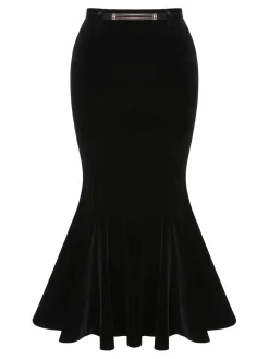 Fashion Retro Stage 2PCS 1930s Solid Velvet Top & Mermaid Skirt Black