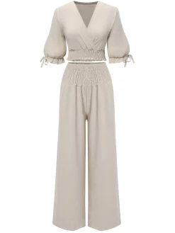 New Retro Stage 2PCS 1930s Solid V-Neck Smocked Top & Wide-Leg Pants