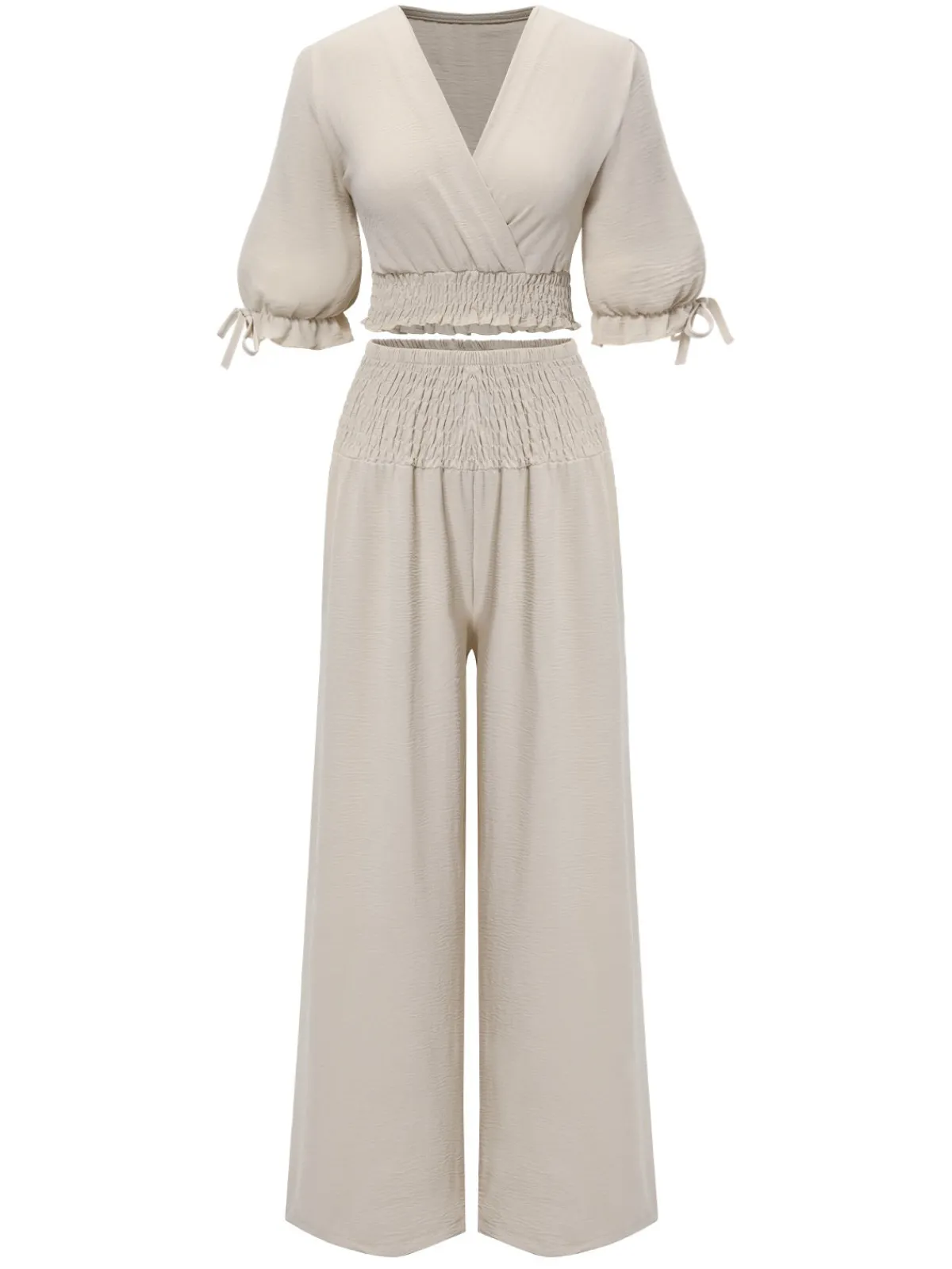 New Retro Stage 2PCS 1930s Solid V-Neck Smocked Top & Wide-Leg Pants